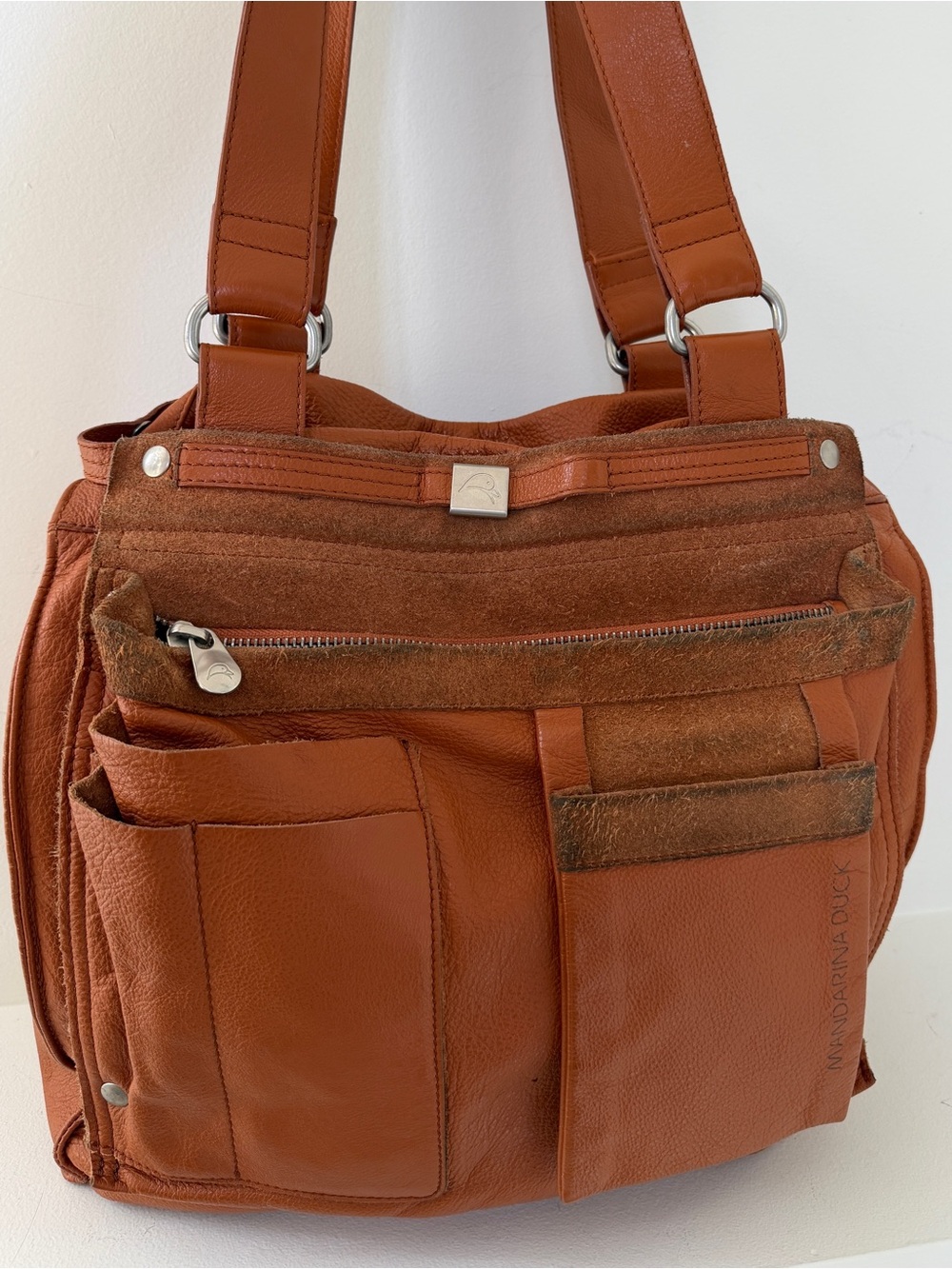 MANDARINA DUCK Leather Suede Trim Tote Bag Unstructured Double Handle Travel
